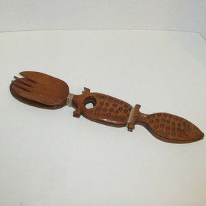 Salad Servers Vintage Hand Carved Wood Fish Handles Unused Kitchenware